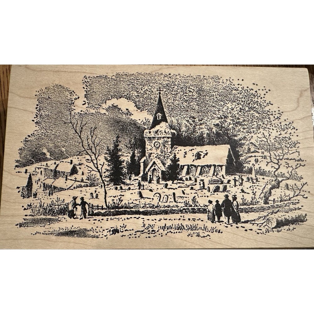 Magenta Wooden Rubber Ink Stamp Winter Church Scene 6.5” x 4”